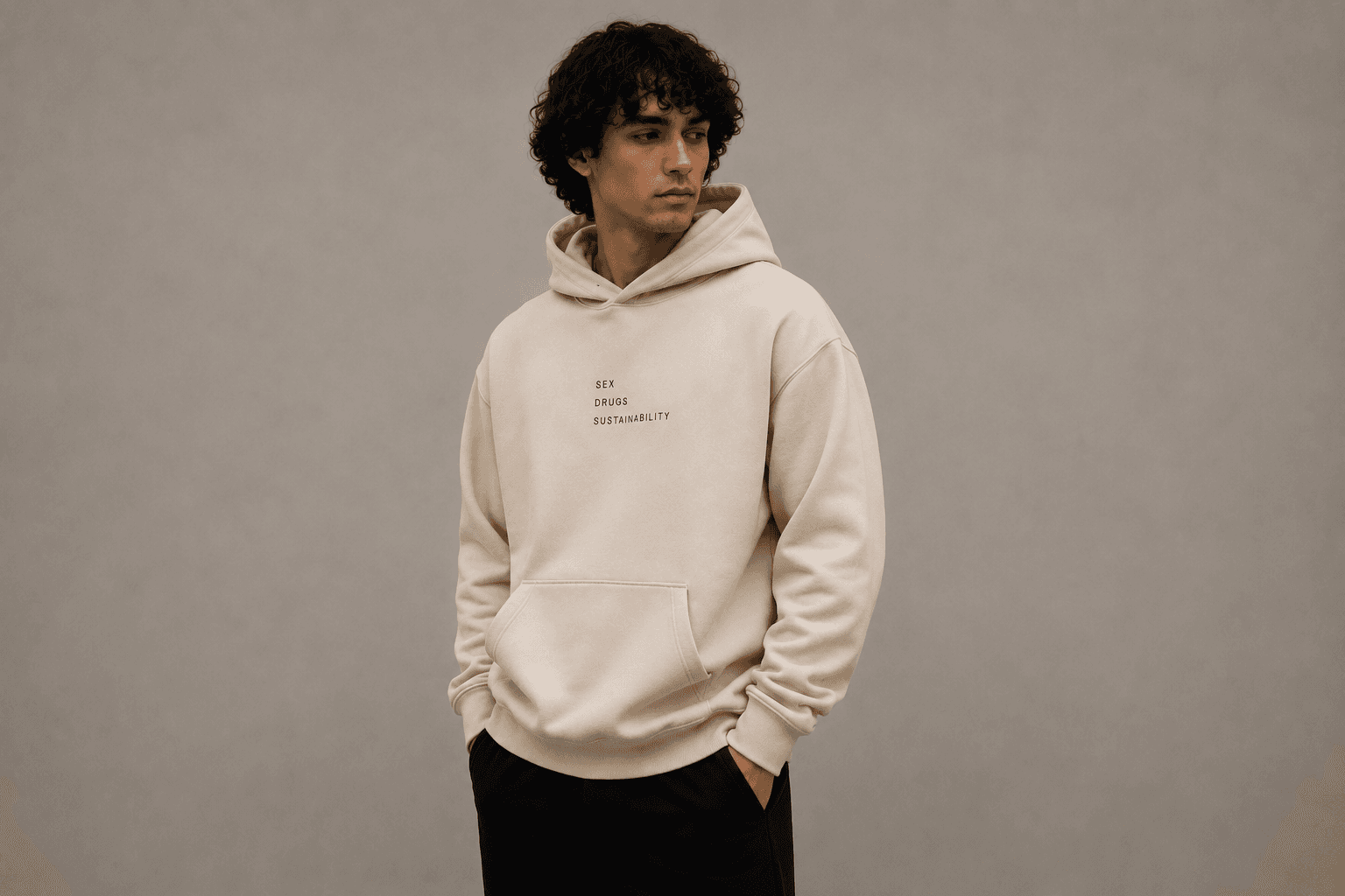Model wearing stone Contradiction Hoodie
