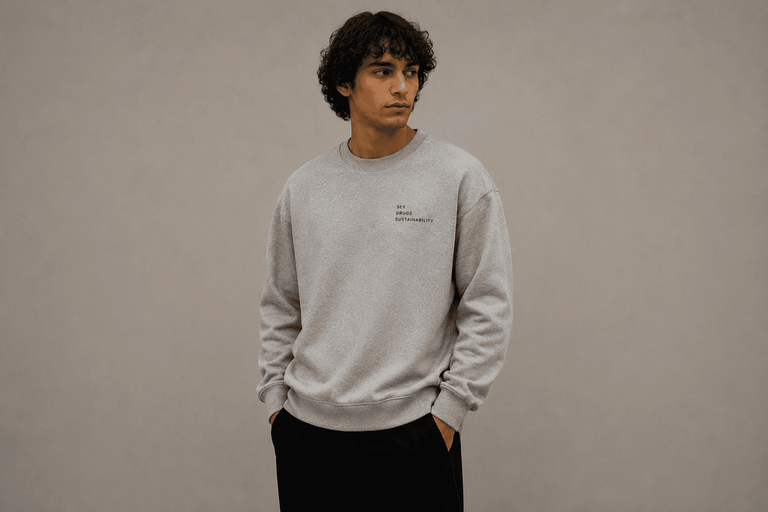 Model wearing grey No Purity Sweatshirt