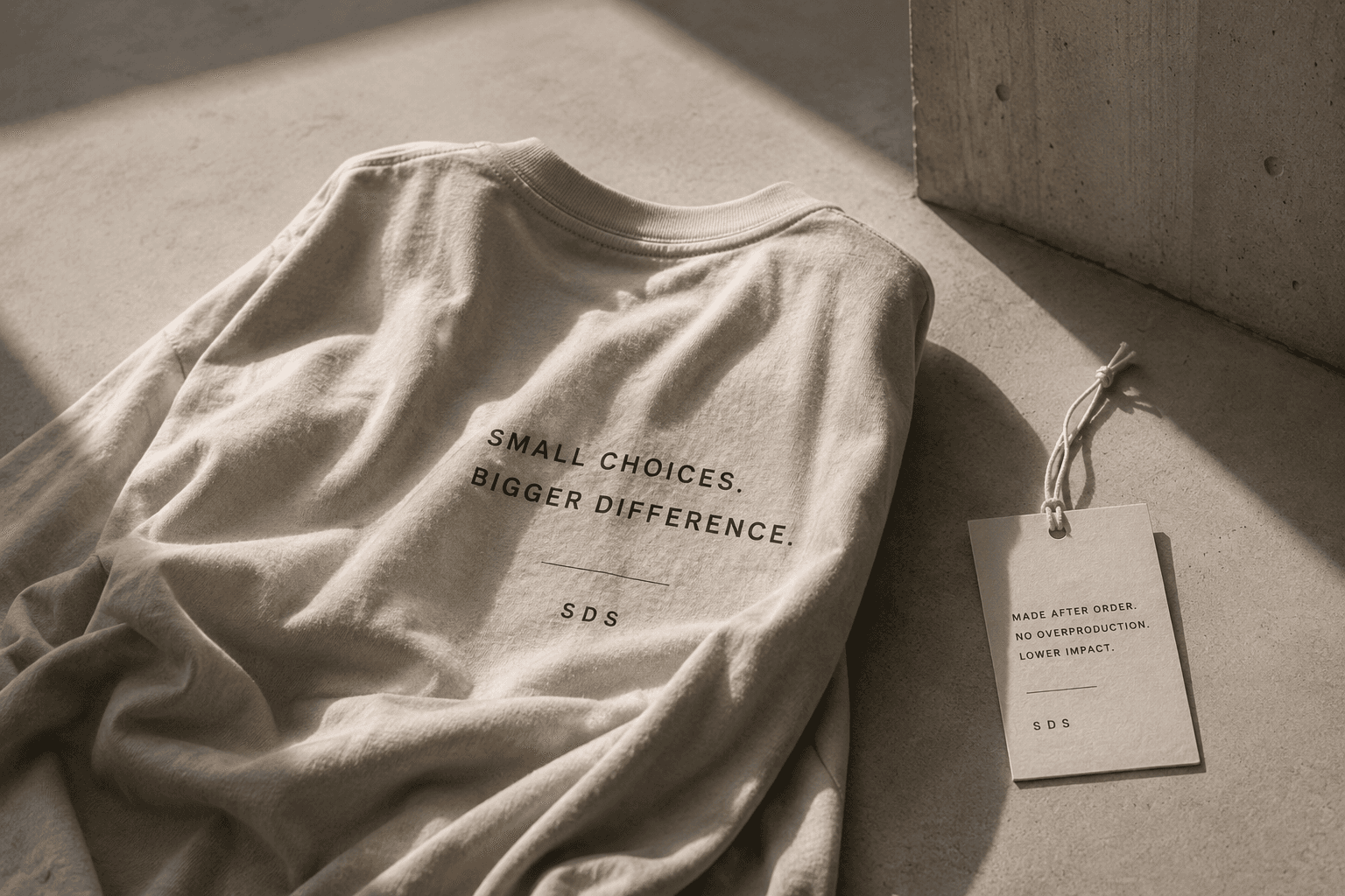Sex Drugs Sustainability hangtag on natural fabric with product details