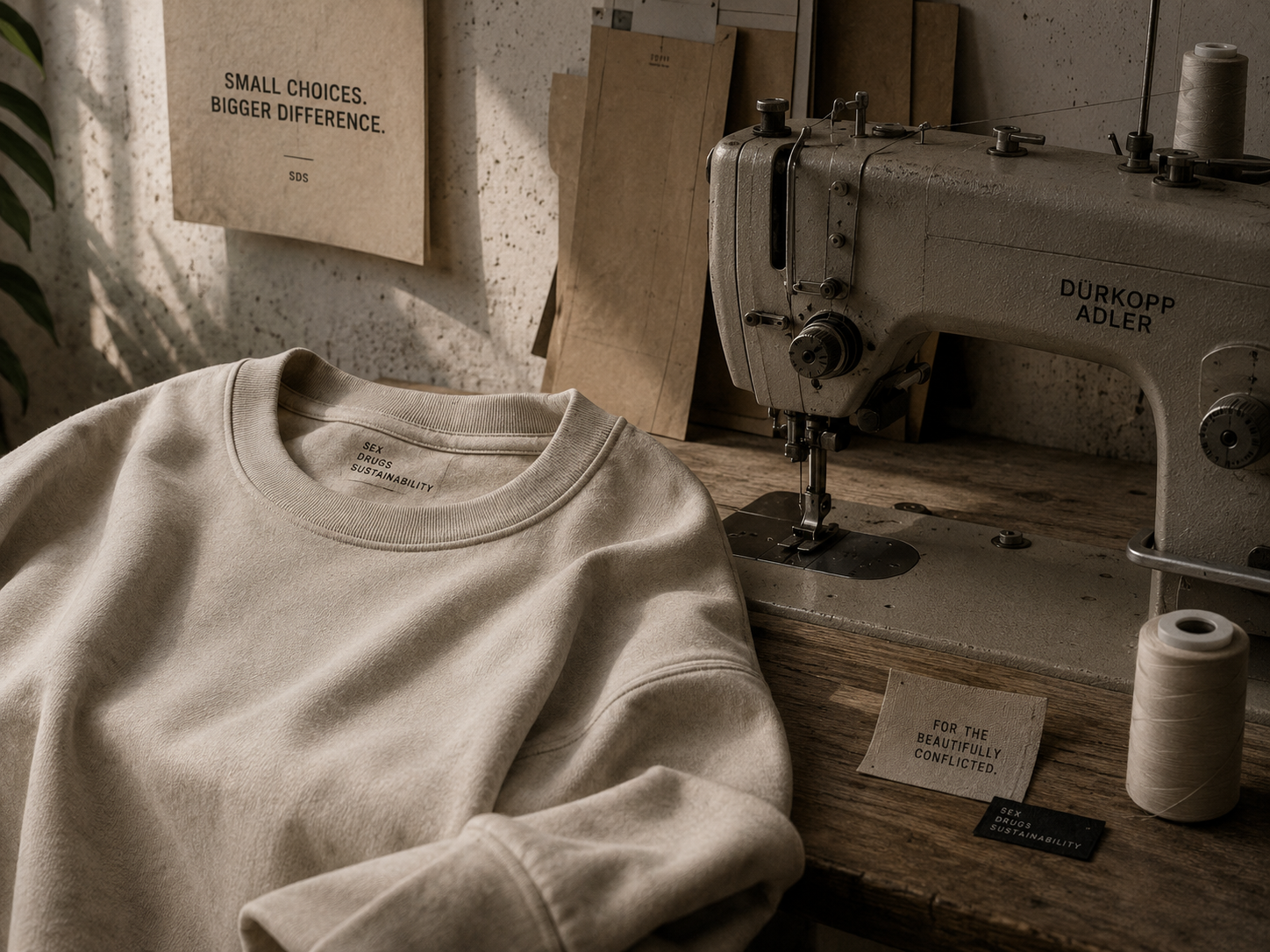 SDS stone sweatshirt beside a sewing machine in a quiet atelier studio